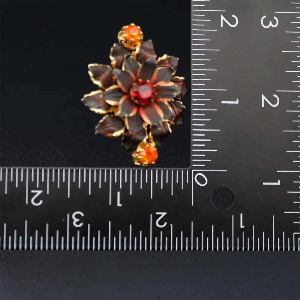 Vintage Floral Rhinestone Brooch & Earrings‎ Set Gold Tone Red Black Austria